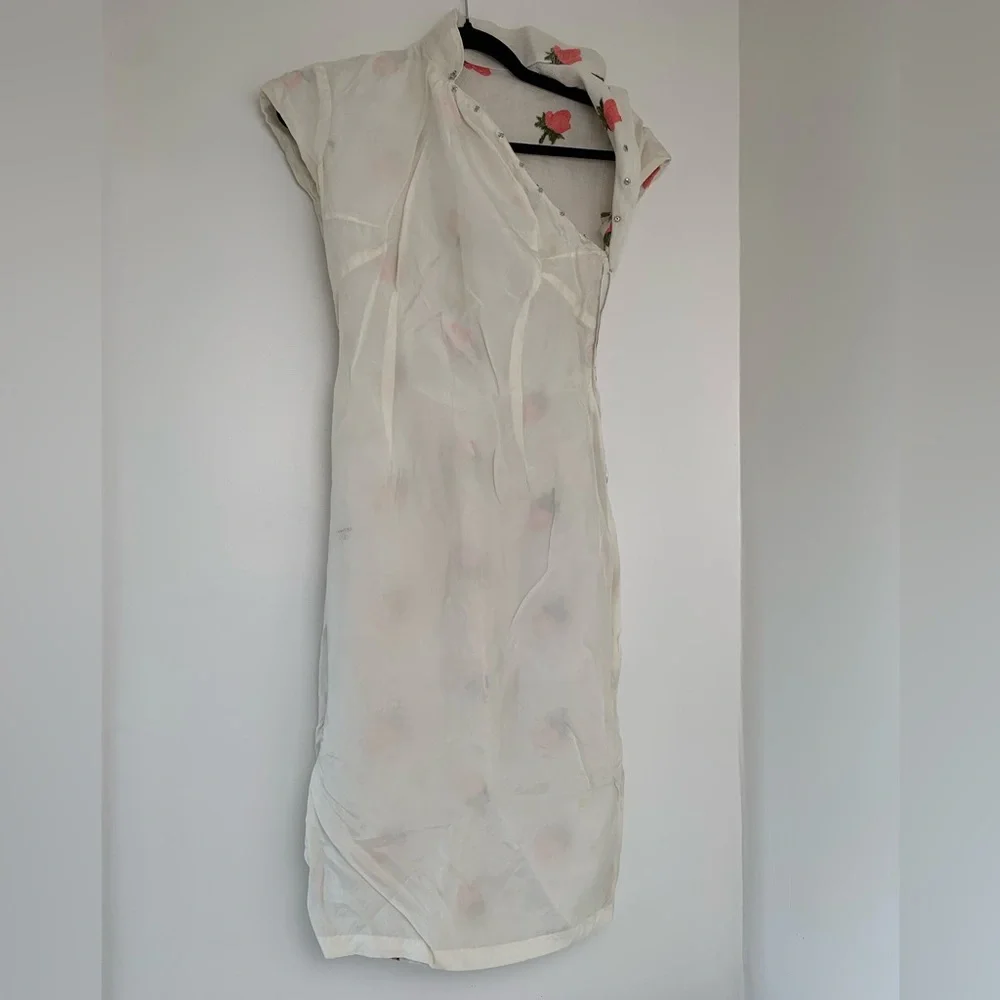 SOLD Rare Vintage 1950’s Floral Embroidered Raw Linen Lined Silk Cheongsam Dress - Picture 11 of 15